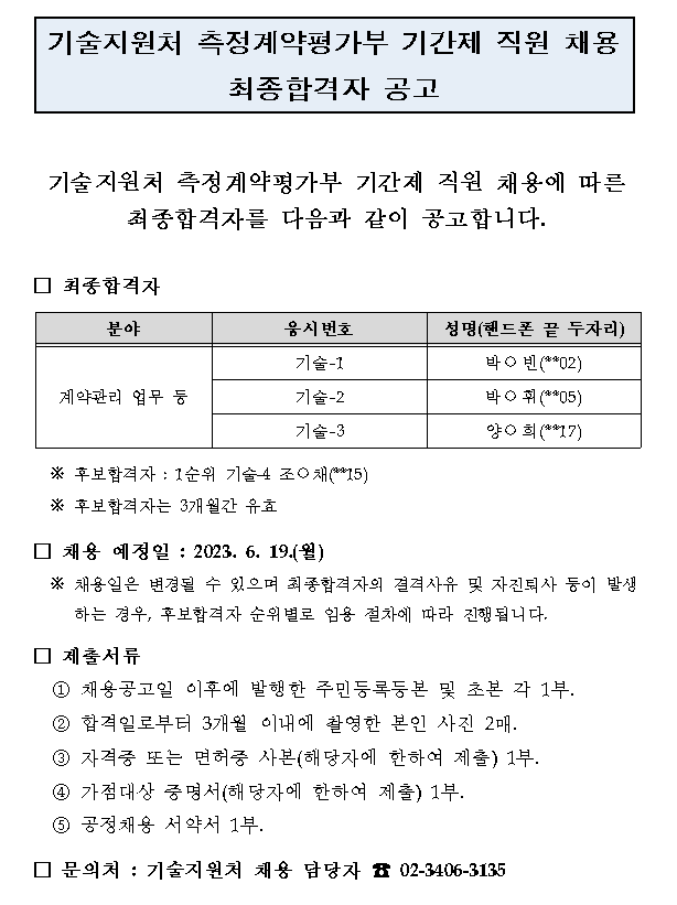 기술지원처 측정계약평가부 기간제 직원 채용 최종합격자 공고